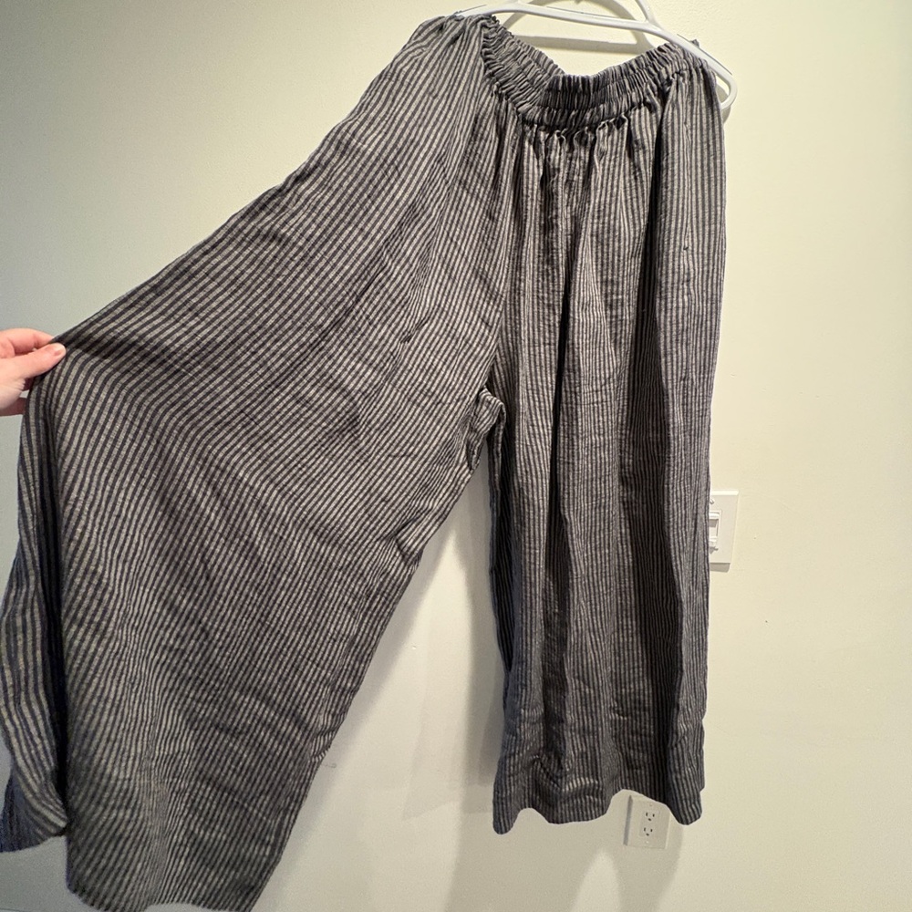 OffOn Linen Elastic Waist Wide Leg Pants in Gray Stripes- XXL